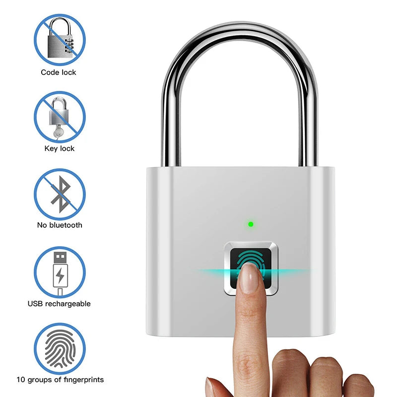 Black Silver USB Rechargeable Smart Lock with Fingerprint Recognition and Quick Unlock - Zinc Alloy Metal High-Security Padlock