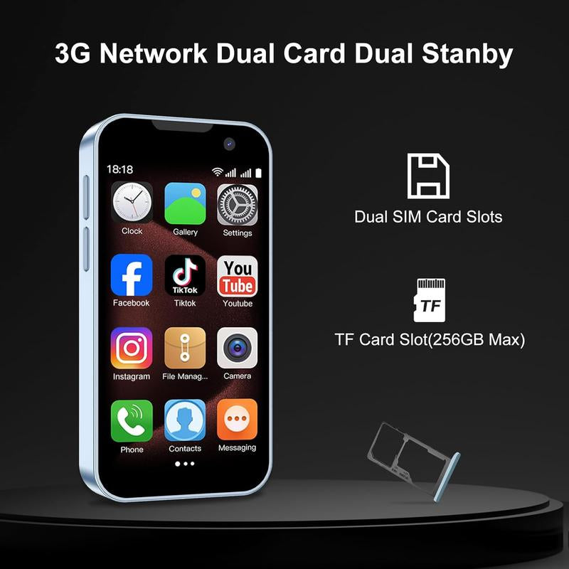 Mini Phone Unlocked Mini Smartphone for Kids 3.0" HD Touch Screen Smallest Cell Phone Quad Core Dual Sim Card Face ID Android Compact Small Mobile Phones for Student Pocket 2GB+16GB Blue