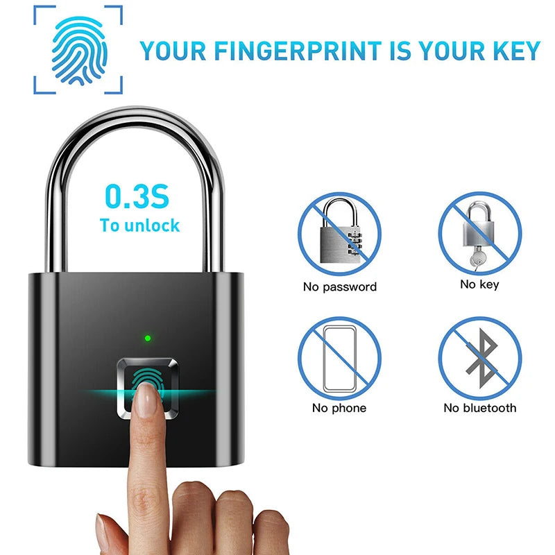 Black Silver USB Rechargeable Smart Lock with Fingerprint Recognition and Quick Unlock - Zinc Alloy Metal High-Security Padlock