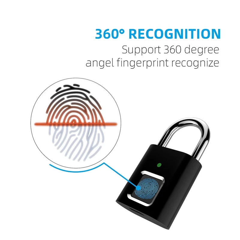 Black Silver USB Rechargeable Smart Lock with Fingerprint Recognition and Quick Unlock - Zinc Alloy Metal High-Security Padlock