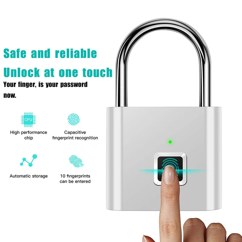 Black Silver USB Rechargeable Smart Lock with Fingerprint Recognition and Quick Unlock - Zinc Alloy Metal High-Security Padlock