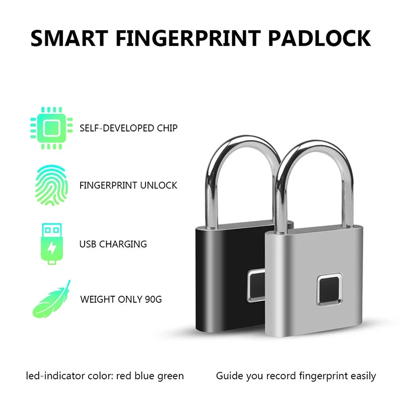 Black Silver USB Rechargeable Smart Lock with Fingerprint Recognition and Quick Unlock - Zinc Alloy Metal High-Security Padlock