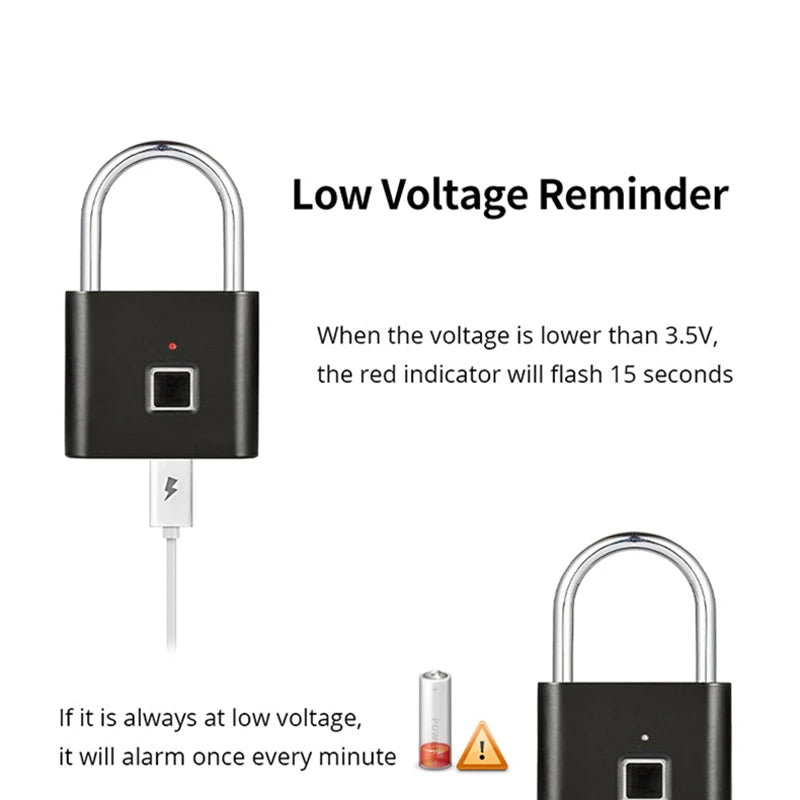 Black Silver USB Rechargeable Smart Lock with Fingerprint Recognition and Quick Unlock - Zinc Alloy Metal High-Security Padlock